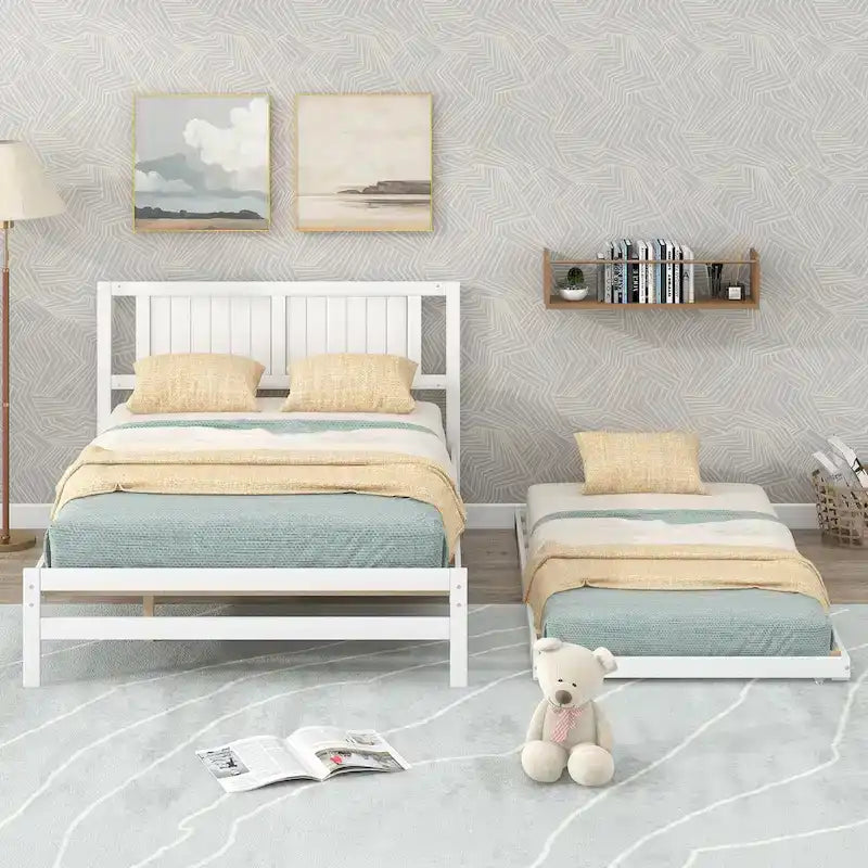 Lit plateforme blanc, grand lit (Full) + lit jumeau (Twin) avec tiroir-lit réglable, 2 couchages