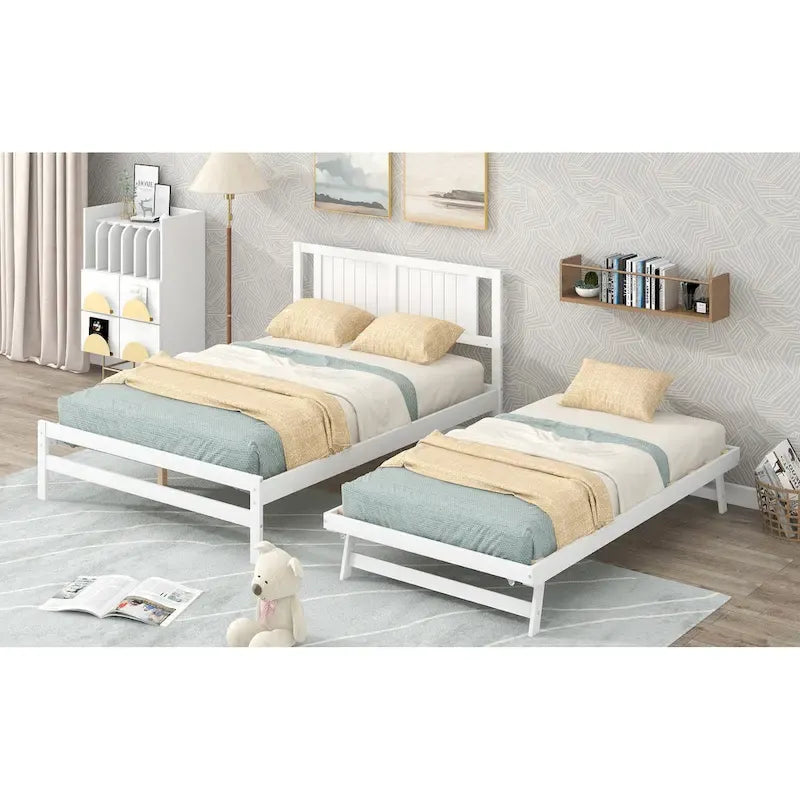 Lit plateforme blanc, grand lit (Full) + lit jumeau (Twin) avec tiroir-lit réglable, 2 couchages
