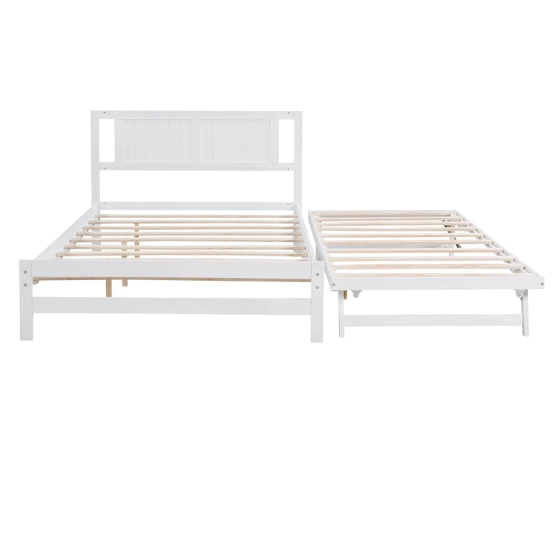 Lit plateforme blanc, grand lit (Full) + lit jumeau (Twin) avec tiroir-lit réglable, 2 couchages