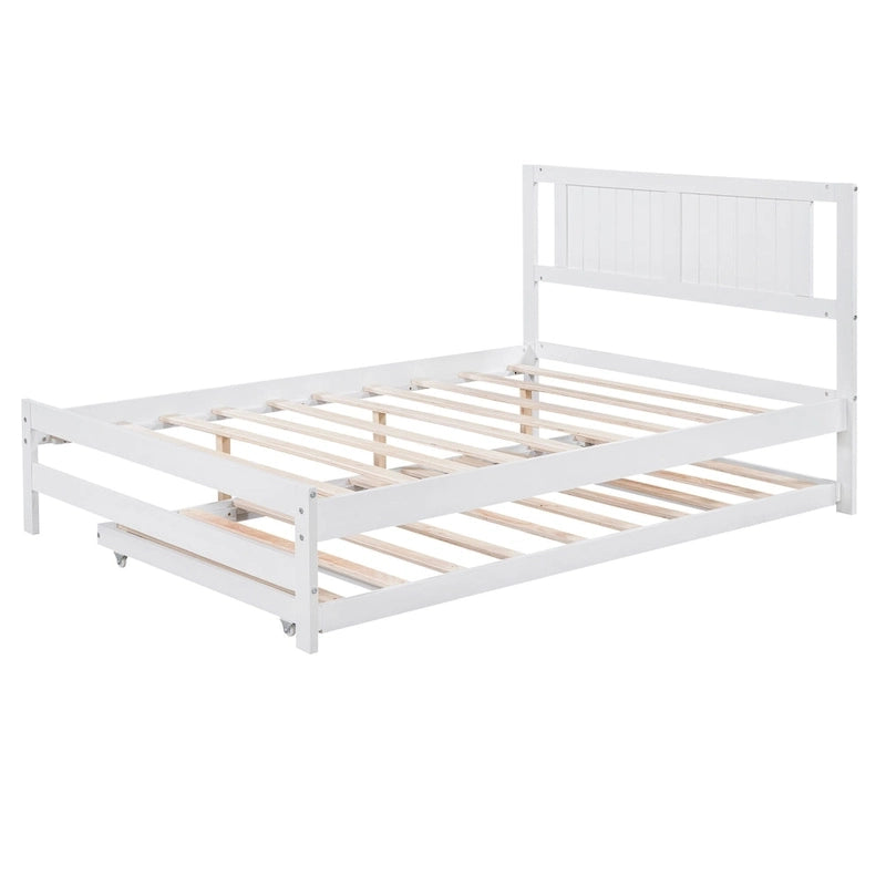 Lit plateforme blanc, grand lit (Full) + lit jumeau (Twin) avec tiroir-lit réglable, 2 couchages