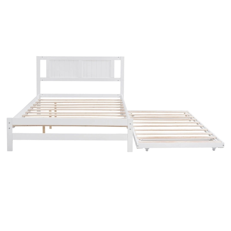 Lit plateforme blanc, grand lit (Full) + lit jumeau (Twin) avec tiroir-lit réglable, 2 couchages