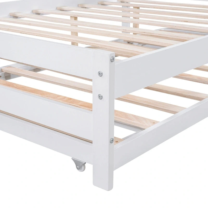 Lit plateforme blanc, grand lit (Full) + lit jumeau (Twin) avec tiroir-lit réglable, 2 couchages