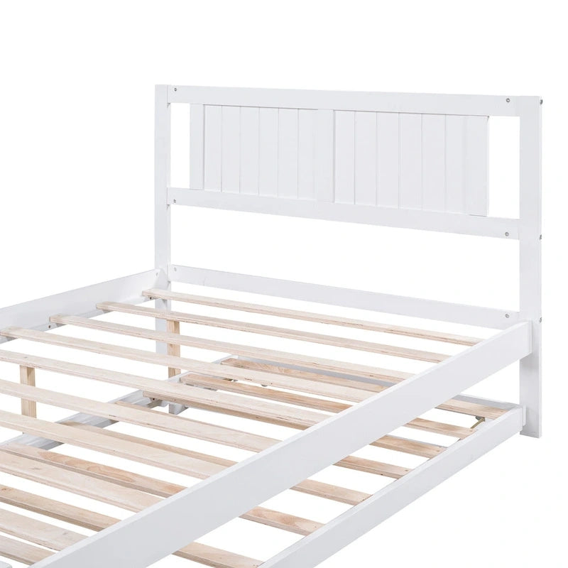 Lit plateforme blanc, grand lit (Full) + lit jumeau (Twin) avec tiroir-lit réglable, 2 couchages