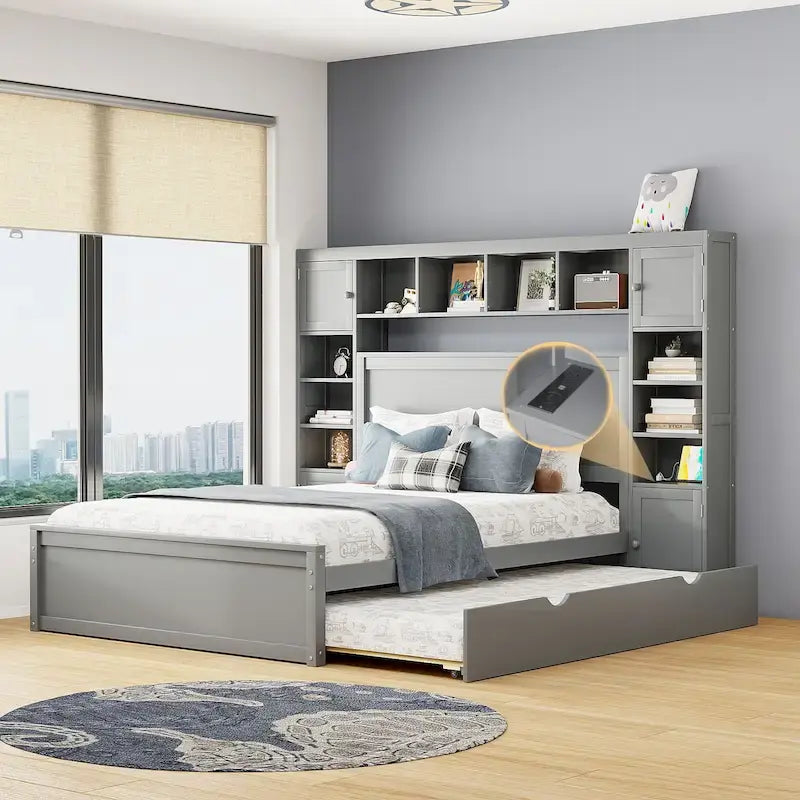 Lit plateforme Queen gris avec tiroirs de rangement, étagères de tête de lit et prises intégrées, convient pour 2 personnes
