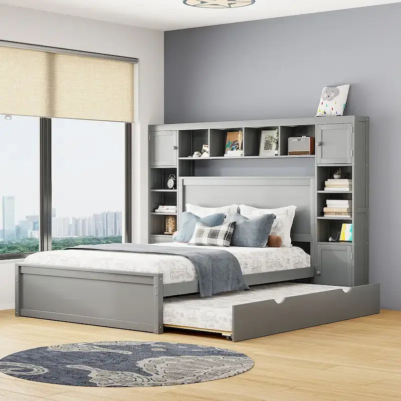 Lit plateforme Queen gris avec tiroirs de rangement, étagères de tête de lit et prises intégrées, convient pour 2 personnes
