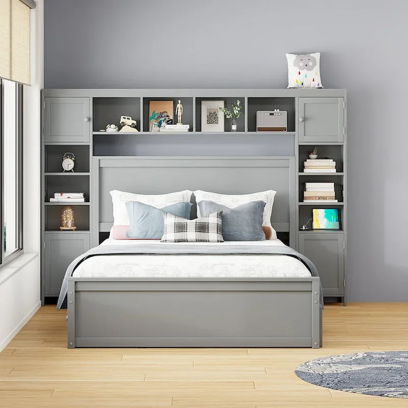 Lit plateforme Queen gris avec tiroirs de rangement, étagères de tête de lit et prises intégrées, convient pour 2 personnes