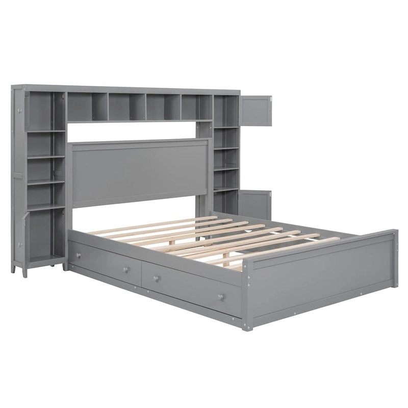 Lit plateforme Queen gris avec tiroirs de rangement, étagères de tête de lit et prises intégrées, convient pour 2 personnes