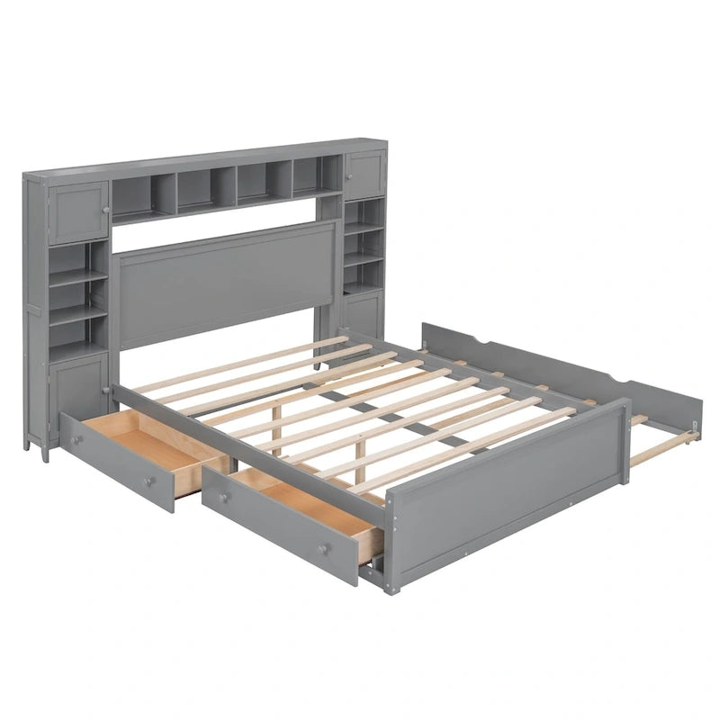 Lit plateforme Queen gris avec tiroirs de rangement, étagères de tête de lit et prises intégrées, convient pour 2 personnes