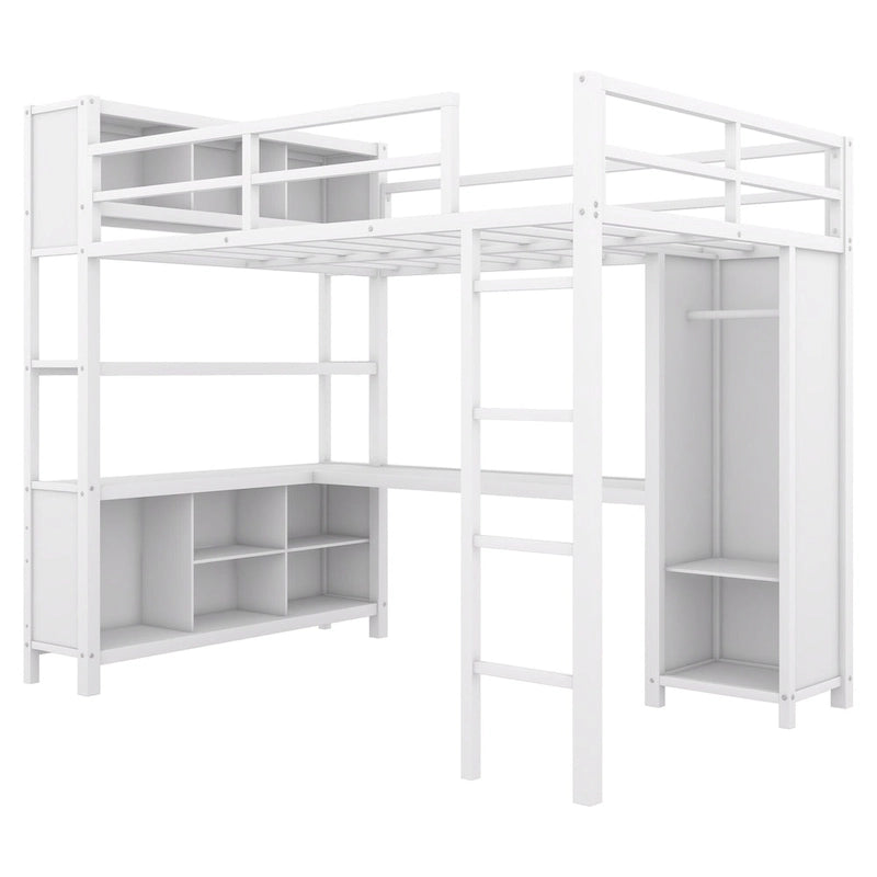 Lit mezzanine en métal avec armoire et bureau