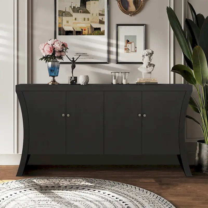 Buffet bas moderne 4 portes noir/bleu marine/blanc, 150 cm de large