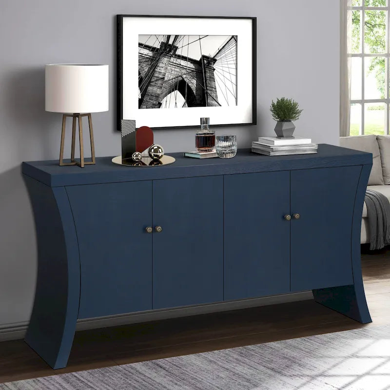 Buffet bas moderne 4 portes noir/bleu marine/blanc, 150 cm de large