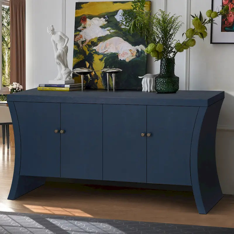 Buffet bas moderne 4 portes noir/bleu marine/blanc, 150 cm de large