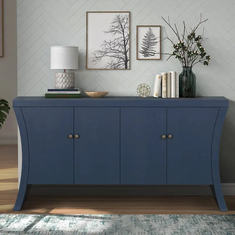 Buffet bas moderne 4 portes noir/bleu marine/blanc, 150 cm de large