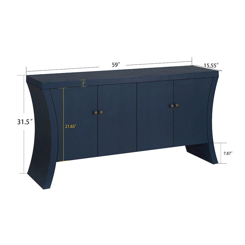 Buffet bas moderne 4 portes noir/bleu marine/blanc, 150 cm de large