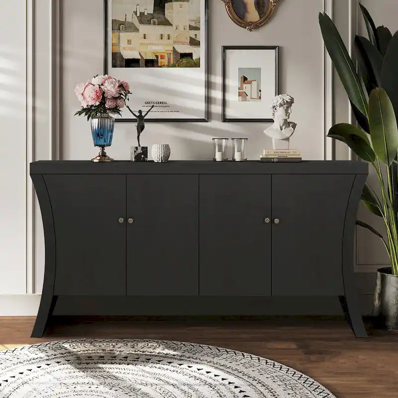 Buffet bas moderne 4 portes noir/bleu marine/blanc, 150 cm de large