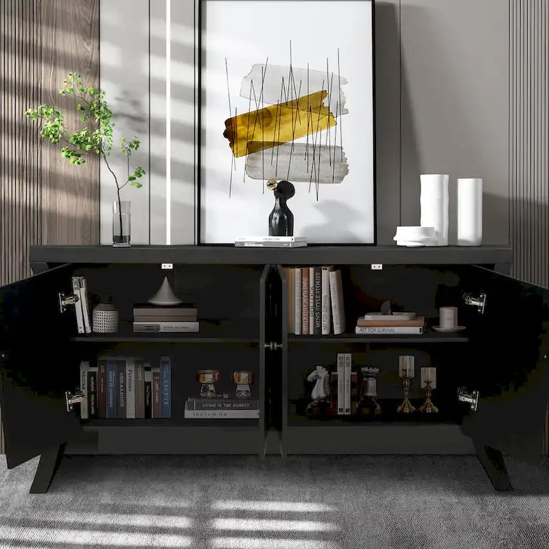 Buffet bas moderne 4 portes noir/bleu marine/blanc, 150 cm de large
