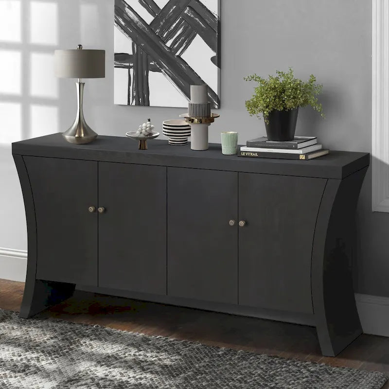 Buffet bas moderne 4 portes noir/bleu marine/blanc, 150 cm de large