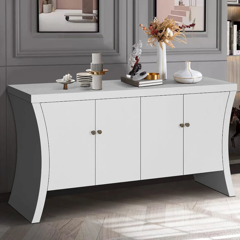 Buffet bas moderne 4 portes noir/bleu marine/blanc, 150 cm de large