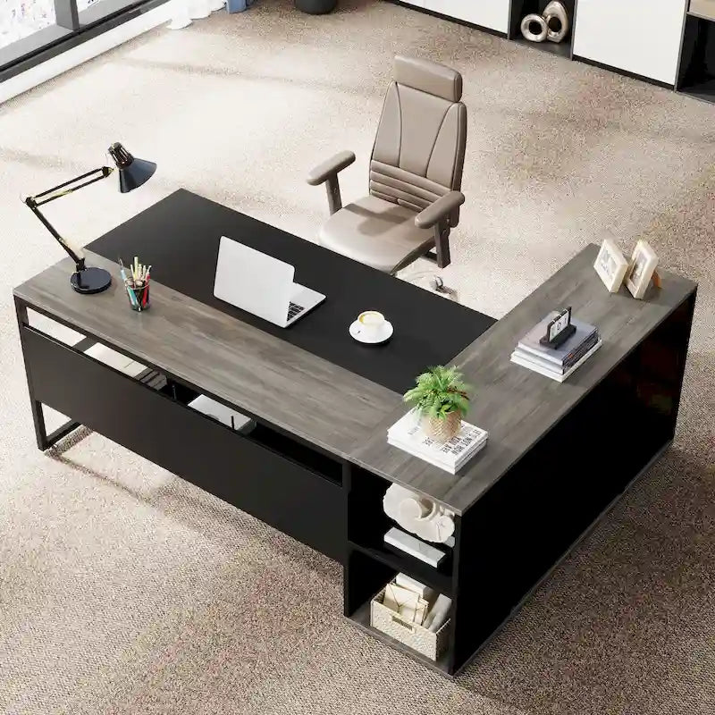 Bureau d'angle avec armoire et étagères, poste de travail double