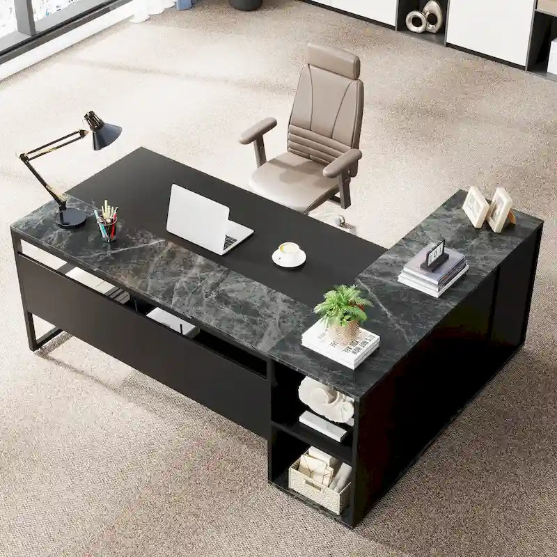 Bureau d'angle avec armoire et étagères, poste de travail double