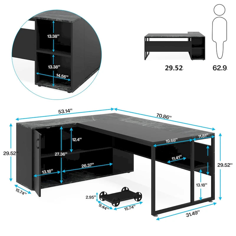 Bureau d'angle avec armoire et étagères, poste de travail double