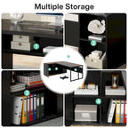 Bureau d'angle avec armoire et étagères, poste de travail double