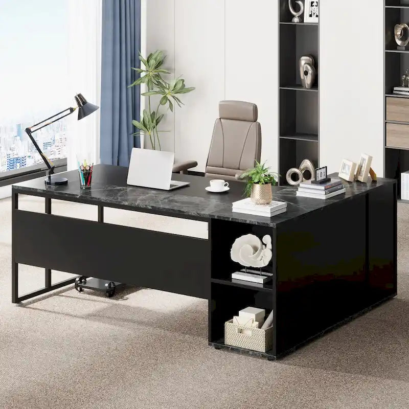 Bureau d'angle avec armoire et étagères, poste de travail double