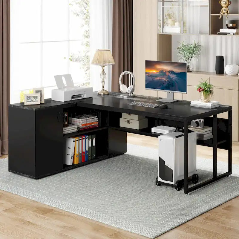Bureau d'angle avec armoire et étagères, poste de travail double