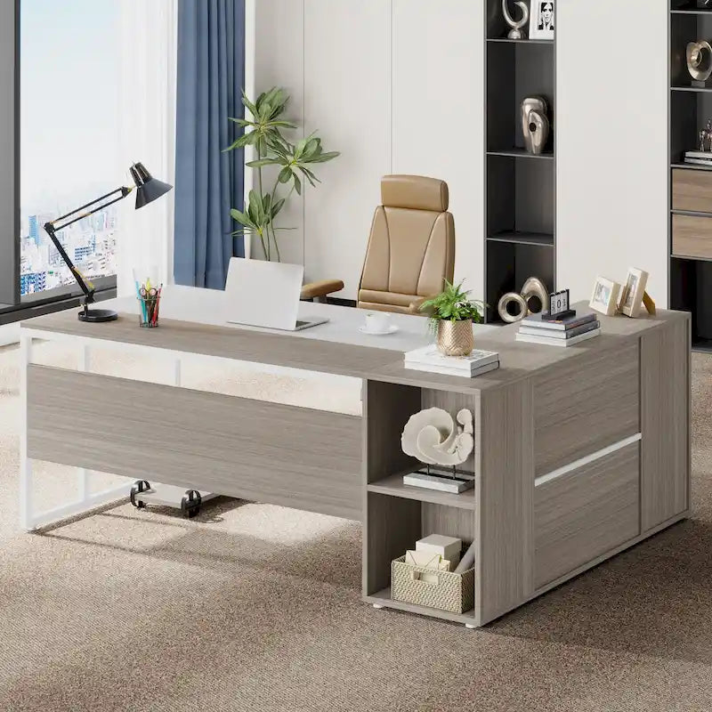 Bureau d'angle avec armoire et étagères, poste de travail double