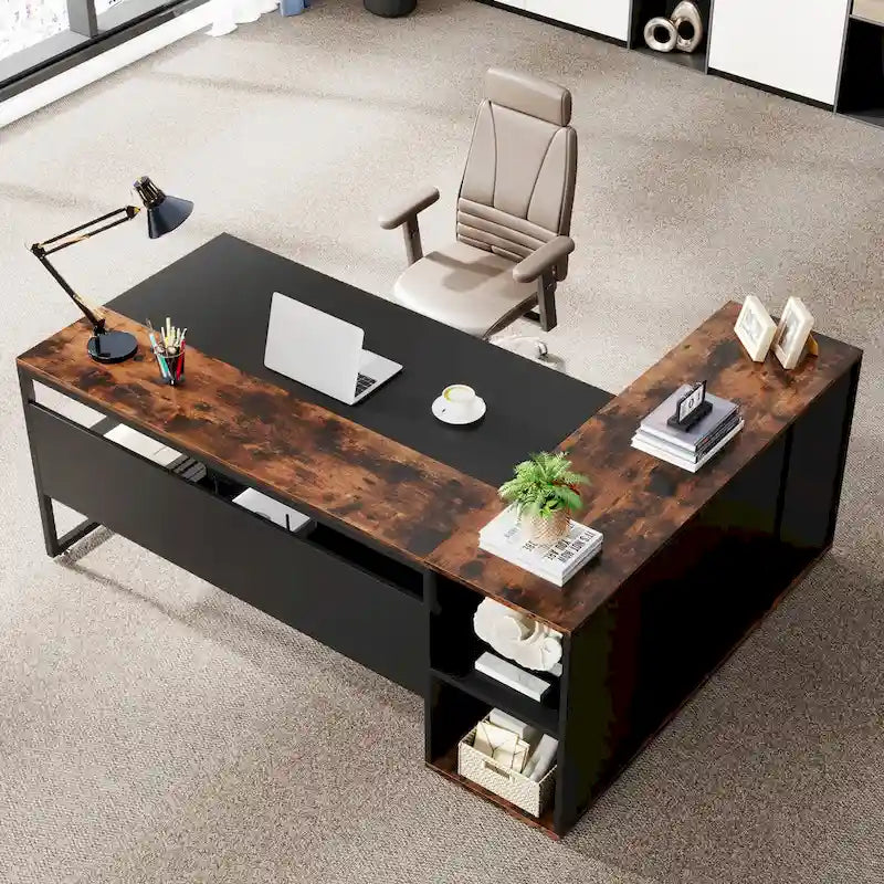 Bureau d'angle avec armoire et étagères, poste de travail double
