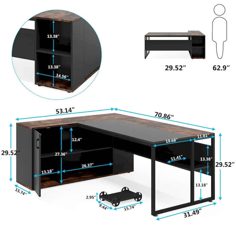 Bureau d'angle avec armoire et étagères, poste de travail double