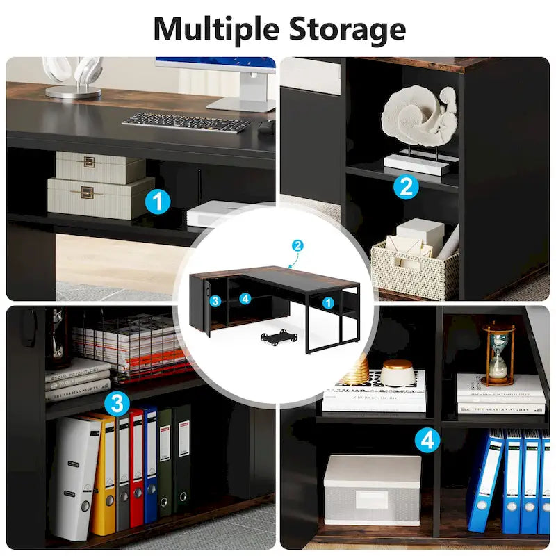 Bureau d'angle avec armoire et étagères, poste de travail double