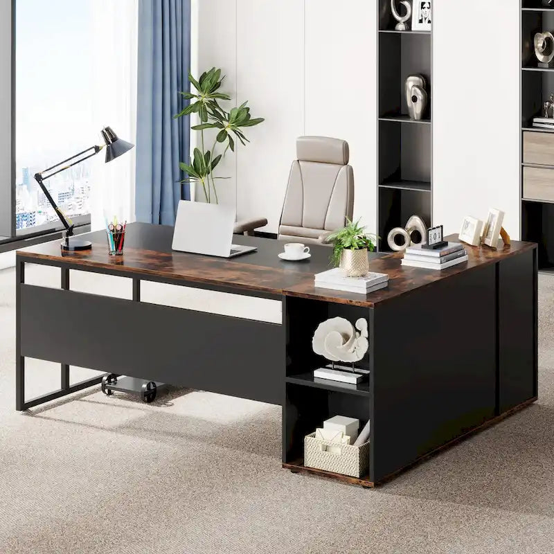 Bureau d'angle avec armoire et étagères, poste de travail double