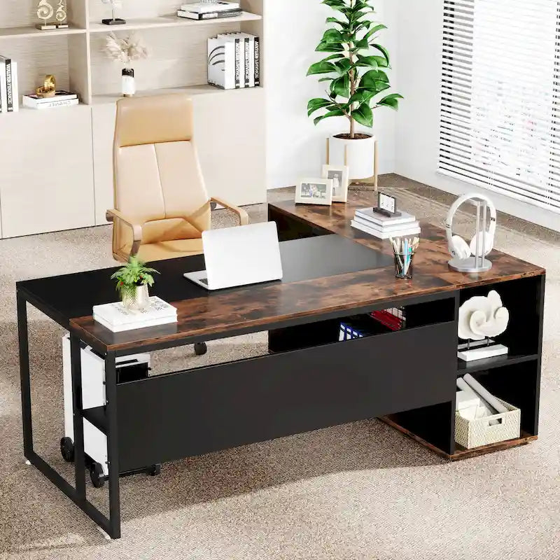 Bureau d'angle avec armoire et étagères, poste de travail double