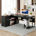 Bureau d'angle avec armoire et étagères, poste de travail double