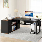 Bureau d'angle avec armoire et étagères, poste de travail double