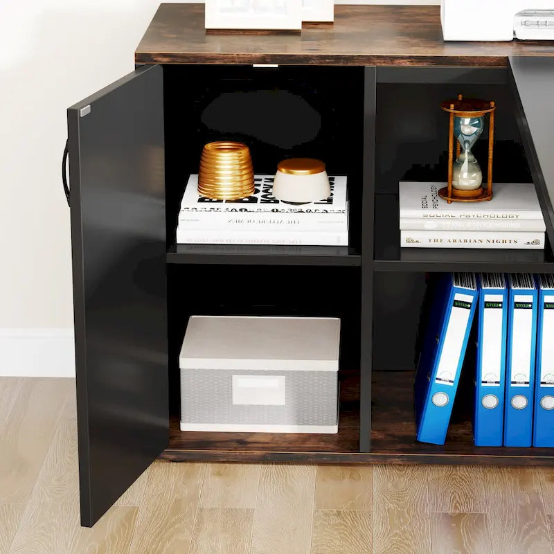 Bureau d'angle avec armoire et étagères, poste de travail double