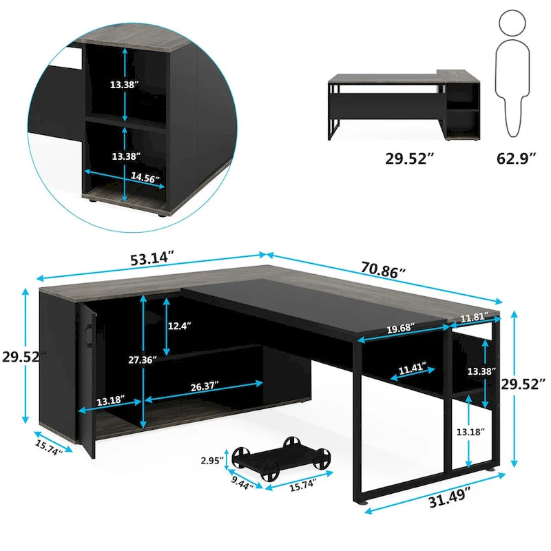 Bureau d'angle avec armoire et étagères, poste de travail double