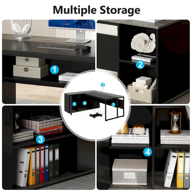 Bureau d'angle avec armoire et étagères, poste de travail double