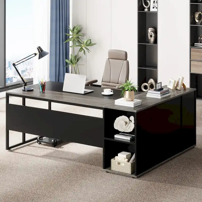 Bureau d'angle avec armoire et étagères, poste de travail double