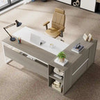 Bureau d'angle avec armoire et étagères, poste de travail double