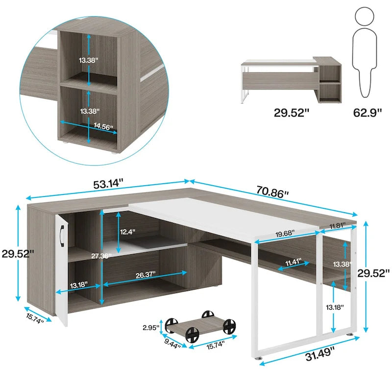 Bureau d'angle avec armoire et étagères, poste de travail double