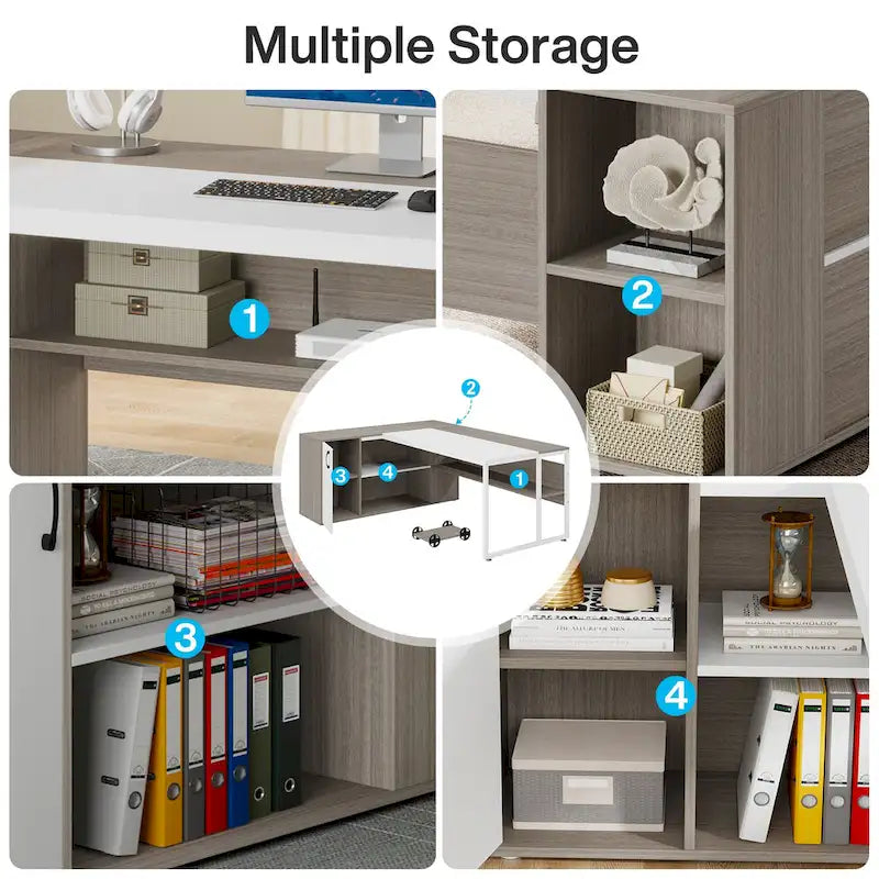 Bureau d'angle avec armoire et étagères, poste de travail double