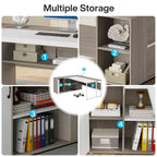 Bureau d'angle avec armoire et étagères, poste de travail double