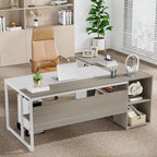 Bureau d'angle avec armoire et étagères, poste de travail double