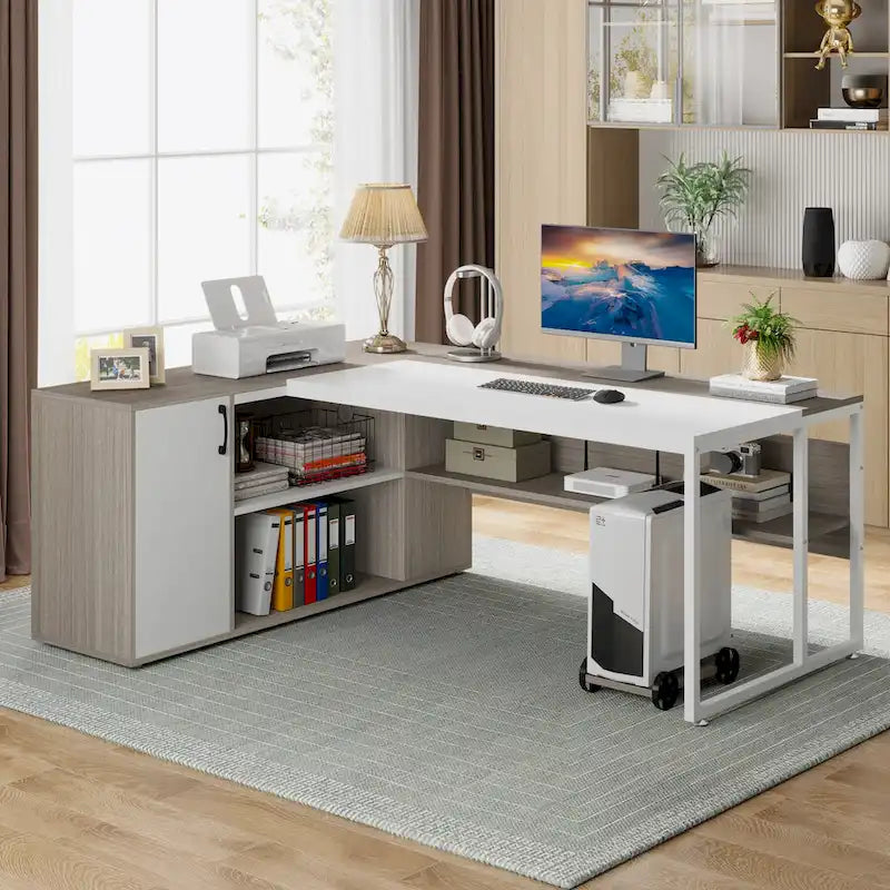 Bureau d'angle avec armoire et étagères, poste de travail double