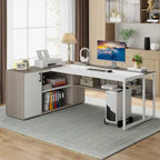 Bureau d'angle avec armoire et étagères, poste de travail double