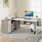 Bureau d'angle avec armoire et étagères, poste de travail double