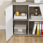 Bureau d'angle avec armoire et étagères, poste de travail double