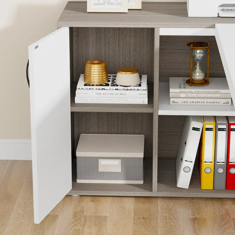 Bureau d'angle avec armoire et étagères, poste de travail double